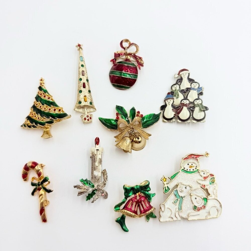 Vintage 9 Christmas Brooch Pin assortment Christmas Tree, Bells Candycane Lots